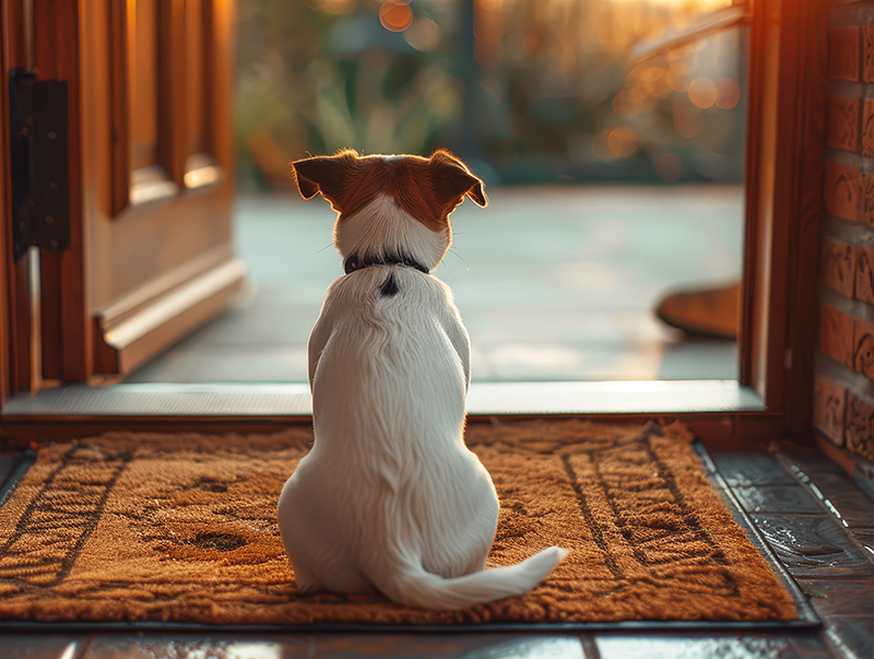 Hund warten im Haus an offener Haustür